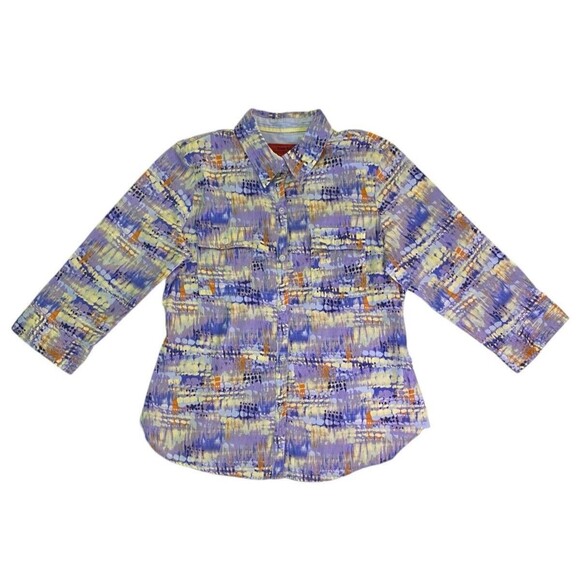 SUNSET RD Womens Button Up Top Size 10 Purple Multicolor Print 3/4 Sleeves - Picture 2 of 10